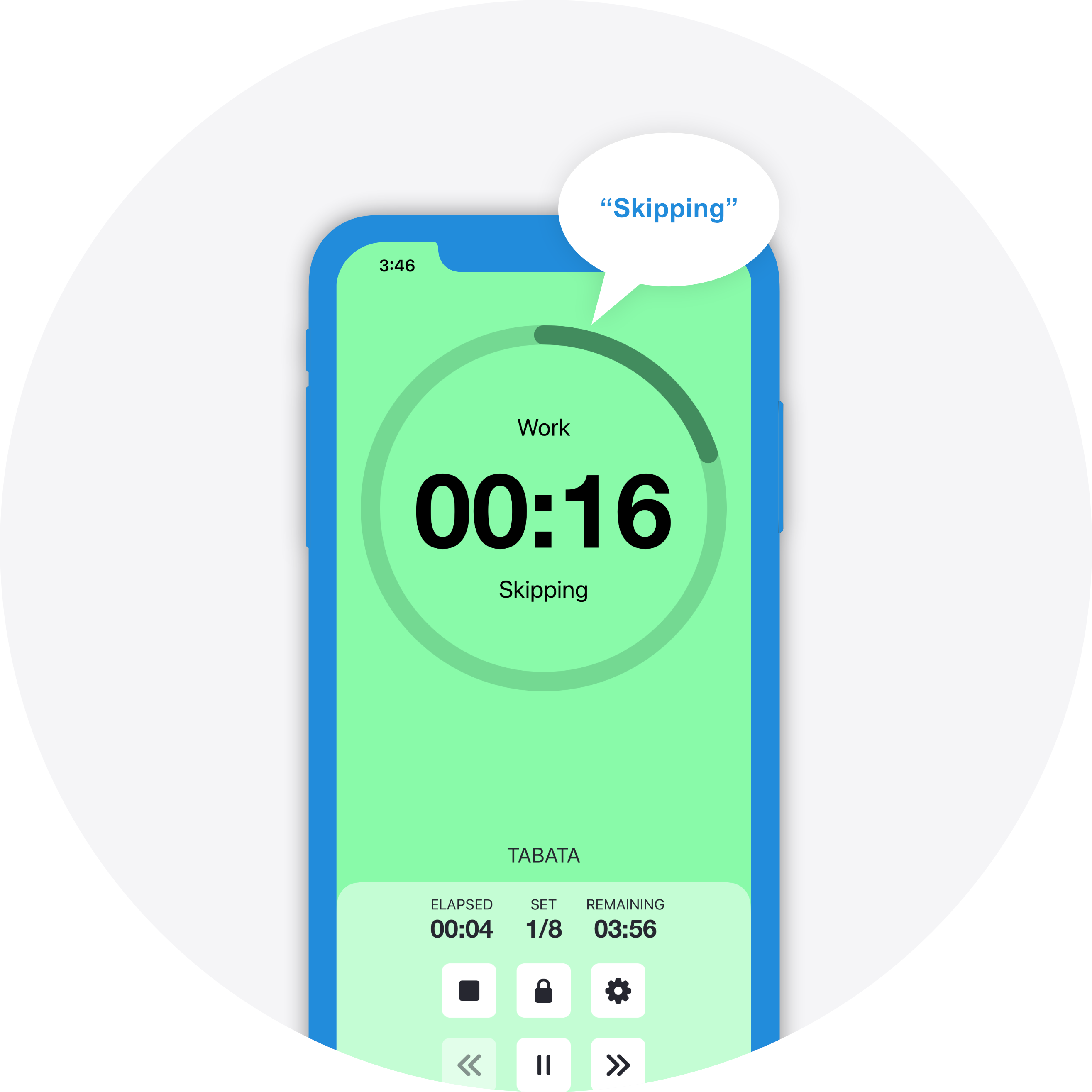 An HIIT workout in progress. The timer is playing a work interval.